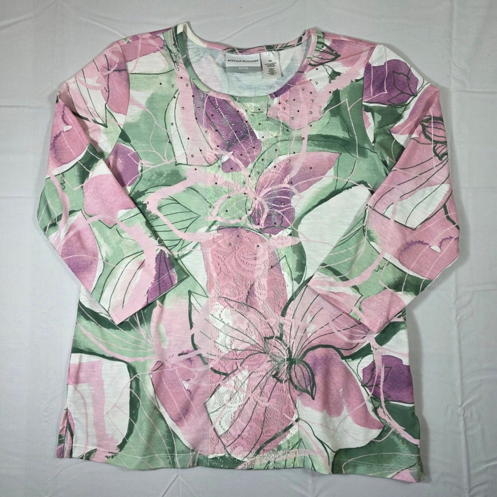 Alfred Dunner Petite Floral Lace Rhinestone 3/4 Sleeve Top Pink Green PS